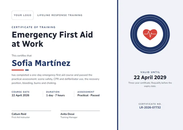 Navy Medal First Aid Training Certificate template, A4 landscape, in navy