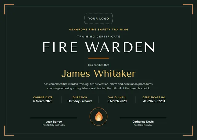 Forest Green Flame Fire Warden Training Certificate template, A4 landscape, in forest green