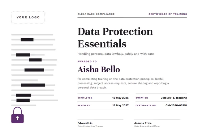 Plum Banded Data Protection Training Certificate template, A4 landscape, in plum