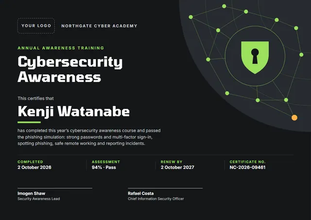 Lime Badge Cybersecurity Awareness Certificate template, A4 landscape, in lime