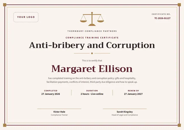 Burgundy Ornate Anti-bribery Training Certificate template, A4 landscape, in burgundy