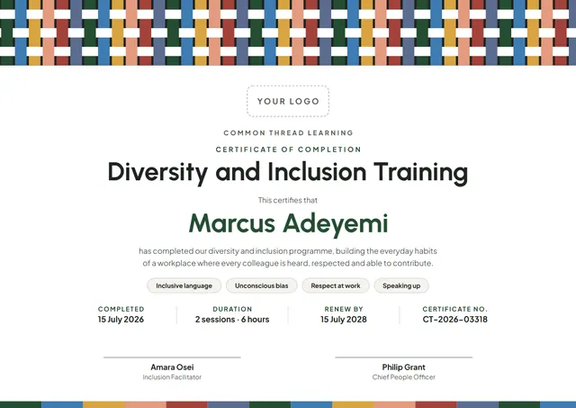 Steel Blue Banded Diversity and Inclusion Training Certificate template, A4 landscape, in steel blue