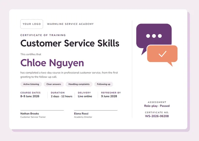 Plum Confetti Customer Service Training Certificate template, A4 landscape, in plum