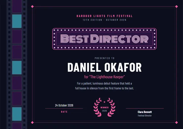 Midnight Laurel Film Festival Award template, A4 landscape, in midnight blue