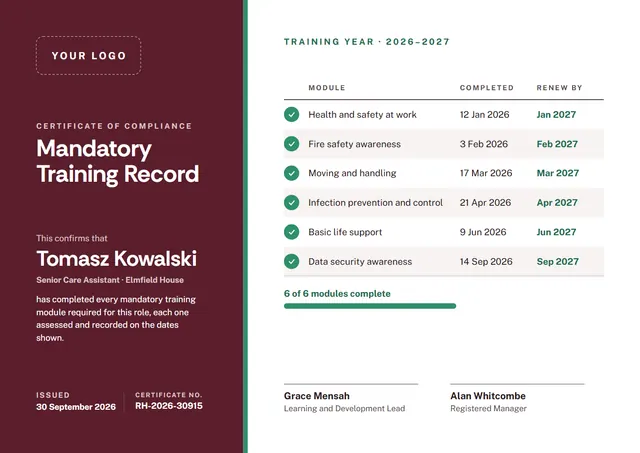 Burgundy Banded Mandatory Training Record template, A4 landscape, in burgundy