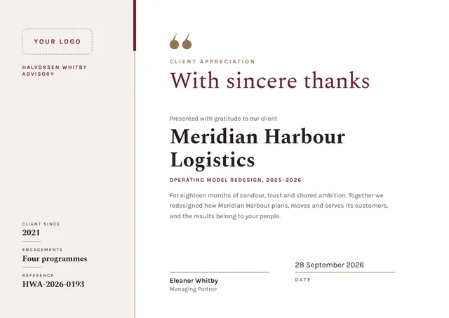 Burgundy Banded Client Appreciation Certificate template, A4 landscape, in burgundy
