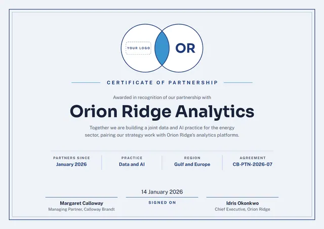 Ocean Blue Double-Border Certificate of Partnership template, A4 landscape, in ocean blue