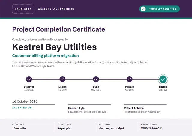 Plum Modern Project Completion Certificate template, A4 landscape, in plum