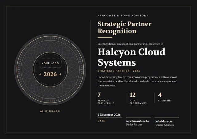 Gold Seal Strategic Partner Recognition Certificate template, A4 landscape, in gold