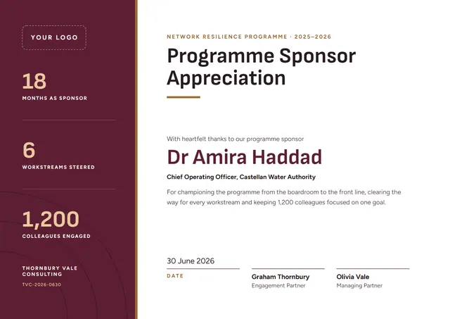Burgundy Banded Programme Sponsor Appreciation Certificate template, A4 landscape, in burgundy