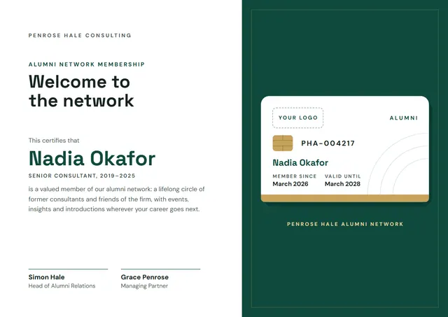 Forest Green Bordered Alumni Network Membership Certificate template, A4 landscape, in forest green