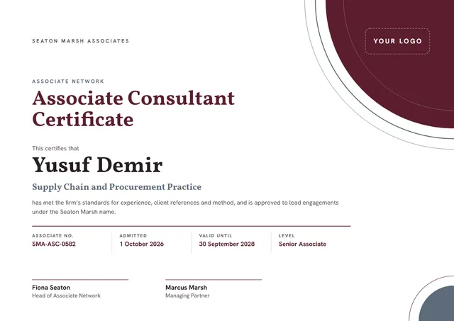 Burgundy Ornate Associate Consultant Certificate template, A4 landscape, in burgundy