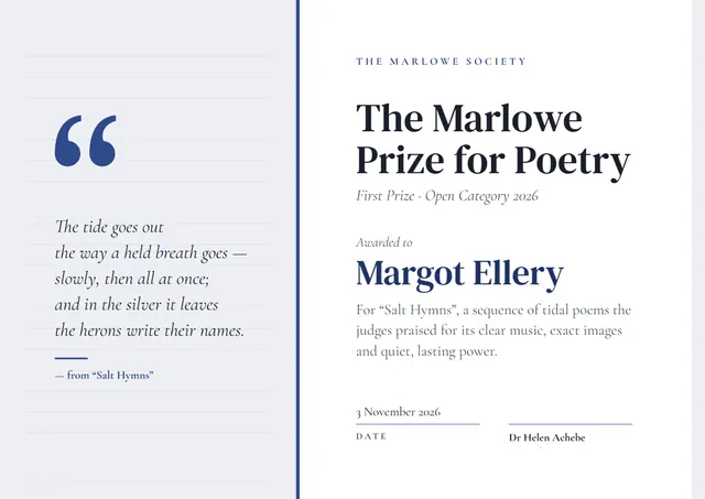 Navy Banded Poetry Prize Certificate template, A4 landscape, in navy