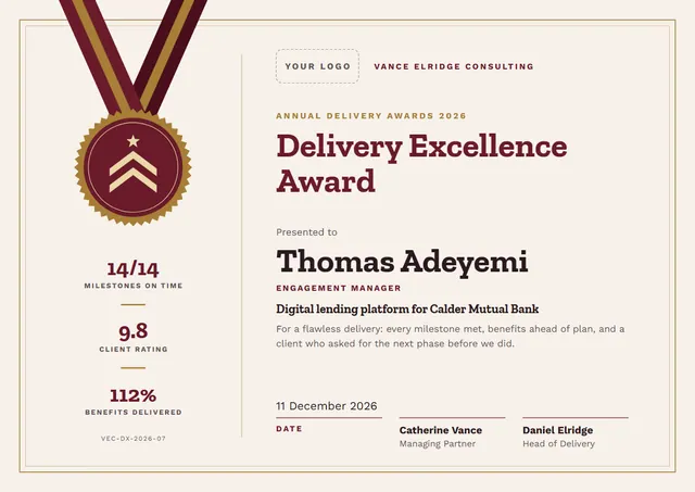 Burgundy Medal Delivery Excellence Award template, A4 landscape, in burgundy