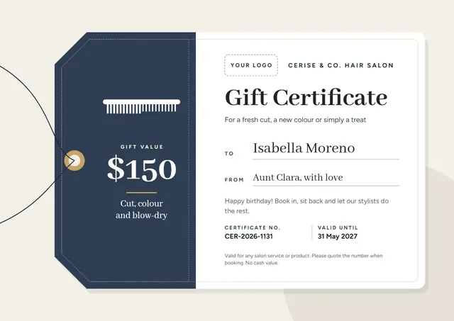 Charcoal Banded Salon Gift Certificate template, A4 landscape, in charcoal grey