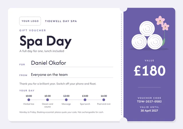 Steel Blue Floral Spa Day Gift Voucher template, A4 landscape, in steel blue