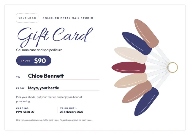 Slate Bordered Nail Studio Gift Card template, A4 landscape, in slate grey