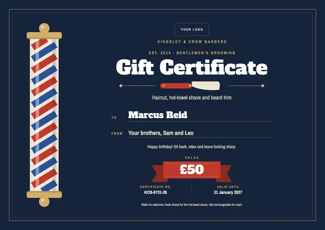 Classic Midnight Double-Border Barbershop Gift Certificate template, A4 landscape, in midnight blue