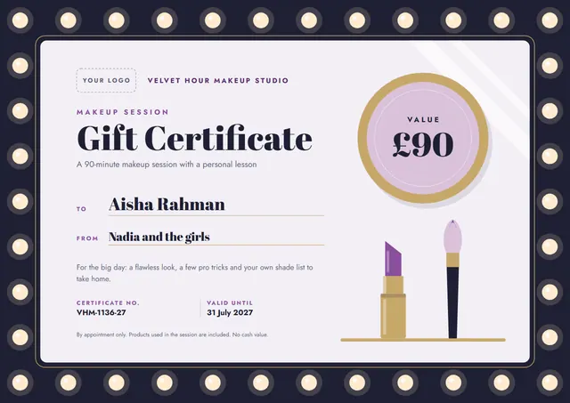 Classic Midnight Bookish Makeup Session Gift Certificate template, A4 landscape, in midnight blue