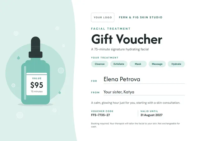 Mint Confetti Facial Treatment Gift Voucher template, A4 landscape, in mint