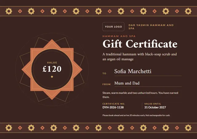Chocolate Medal Hammam and Spa Gift Certificate template, A4 landscape, in chocolate