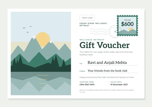 Mint Sunburst Wellness Retreat Gift Voucher template, A4 landscape, in mint