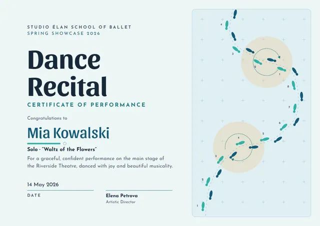 Ocean Blue Banded Dance Recital Certificate template, A4 landscape, in ocean blue