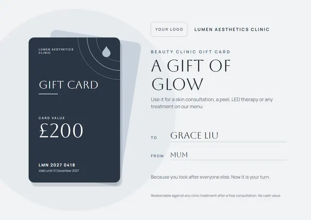 Charcoal Modern Beauty Clinic Gift Card template, A4 landscape, in charcoal grey