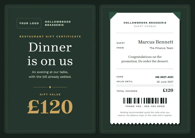 Forest Green Ticket Restaurant Gift Certificate template, A4 landscape, in forest green