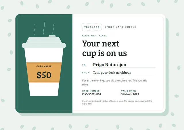 Mint Banded Café Gift Card template, A4 landscape, in mint