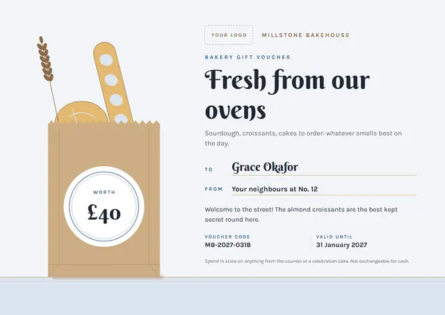 Gold Badge Bakery Gift Voucher template, A4 landscape, in gold
