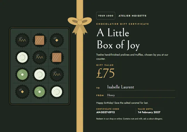 Gold Ribbon Chocolatier Gift Certificate template, A4 landscape, in gold