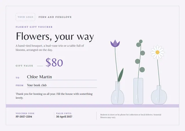 Purple Floral Florist Gift Voucher template, A4 landscape, in purple