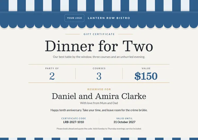 Ocean Blue Banded Dinner for Two Gift Certificate template, A4 landscape, in ocean blue
