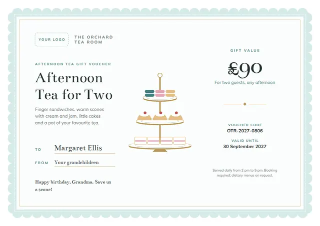 Gold Banded Afternoon Tea Gift Voucher template, A4 landscape, in gold