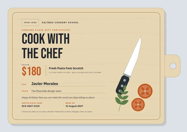 Gold Leafy Cooking Class Gift Certificate template, A4 landscape, in gold