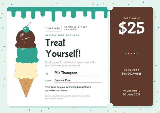 Chocolate Ticket Dessert Shop Gift Card template, A4 landscape, in chocolate