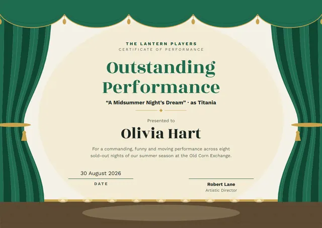 Emerald Classic Theatre Performance Certificate template, A4 landscape, in emerald