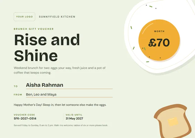 Sunshine Yellow Modern Brunch Gift Voucher template, A4 landscape, in sunshine yellow