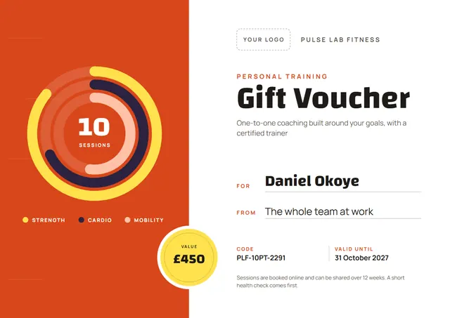 Terracotta Badge Personal Training Gift Voucher template, A4 landscape, in terracotta