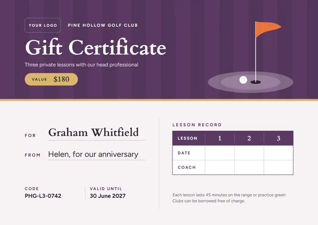 Plum Pennant Golf Lesson Gift Certificate template, A4 landscape, in plum