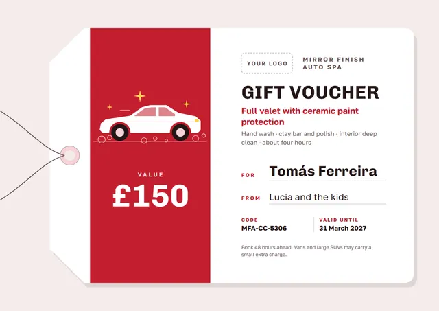 Red Starry Car Detailing Gift Voucher template, A4 landscape, in red