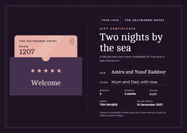 Black Starry Hotel Stay Gift Certificate template, A4 landscape, in black