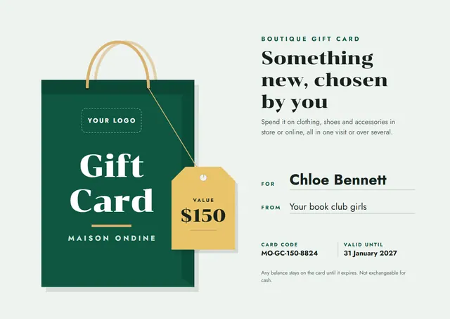 Forest Green Modern Boutique Gift Card template, A4 landscape, in forest green