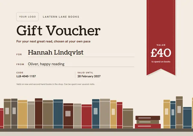 Brick Red Ribbon Bookshop Gift Voucher template, A4 landscape, in brick red