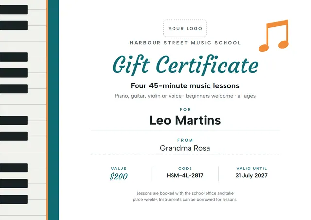 Teal Classic Music Lesson Gift Certificate template, A4 landscape, in teal