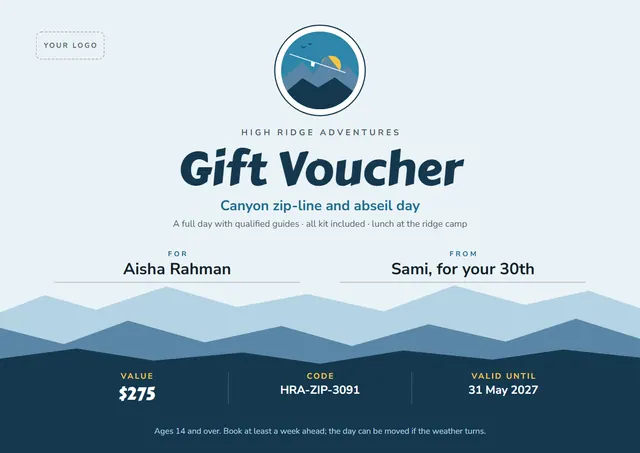 Navy Sunburst Adventure Experience Gift Voucher template, A4 landscape, in navy