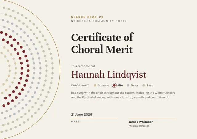 Chocolate Classic Choir Certificate template, A4 landscape, in chocolate