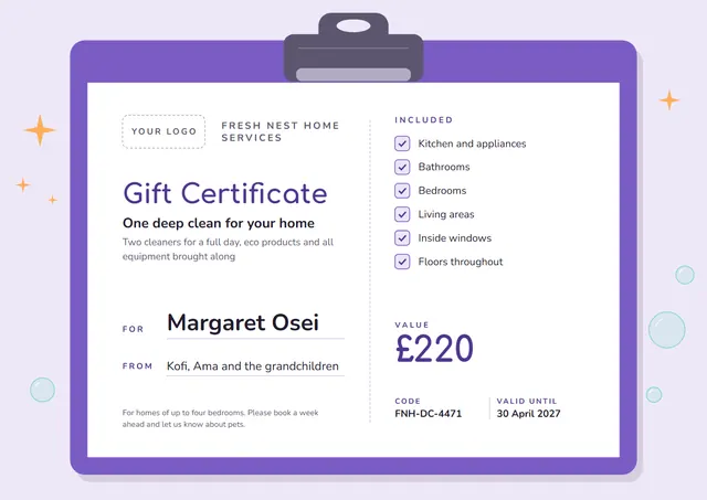 Purple Starry Home Cleaning Gift Certificate template, A4 landscape, in purple