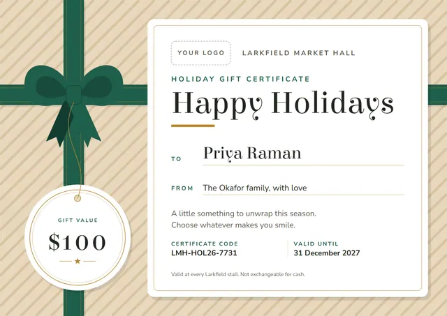 Forest Green Ribbon Holiday Gift Certificate template, A4 landscape, in forest green